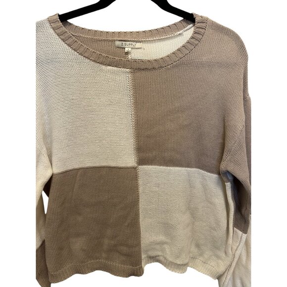 🍒 2/$20 🍒 Tan and Ivory Color Block Sweater with Balloon Sleeves sz Small - Picture 2 of 6